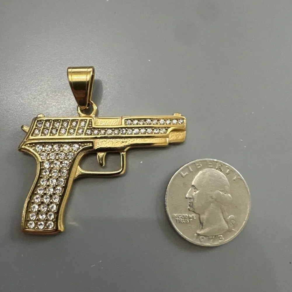 Stainless Steel Pendant Gun Glock Hip Hop Cubic Zirconia 24” Chain Gold Plated